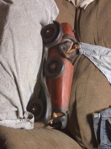 Handcrafted wooden toy racing car inspired by 1929 Bugatti Type 35
