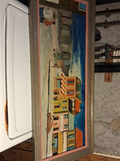 Oil painting on canvas depicting a Mediterranean coastal village scene
