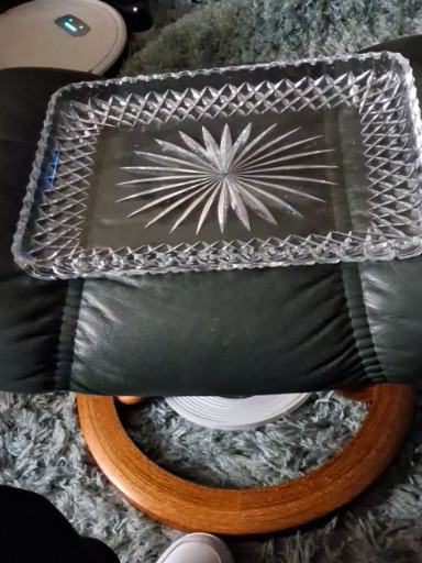 Pressed glass rectangular serving tray with starburst and diamond pattern, Mid-20th century