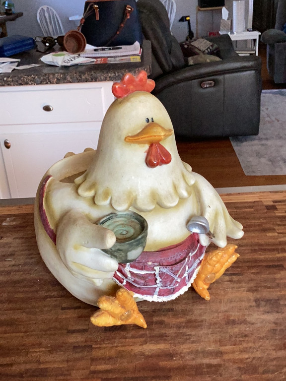 Ceramic cookie jar in the form of a chicken with drum by Fitz and Floyd