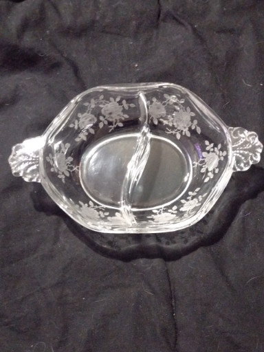 Crystal glass two-part relish dish with etched rose pattern 'Willowmere' by Fostoria
