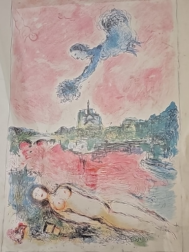 Litografía titulada 'Vue sur Notre-Dame' por Marc Chagall