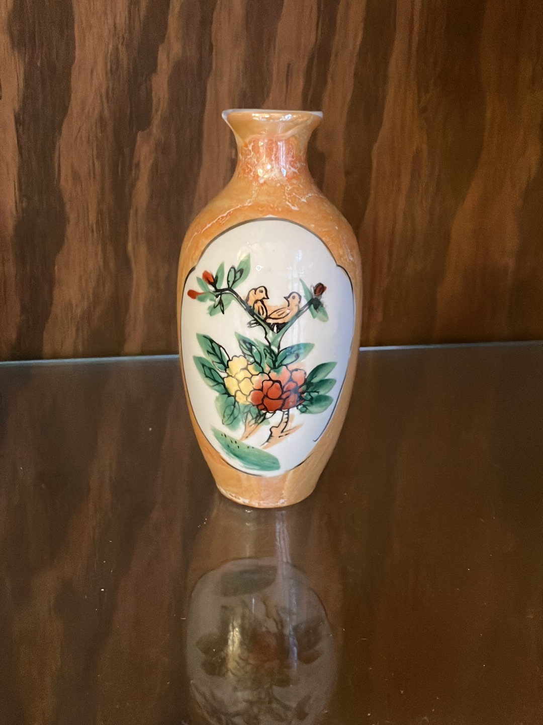 Japanese lusterware vase with hand-painted bird and floral design