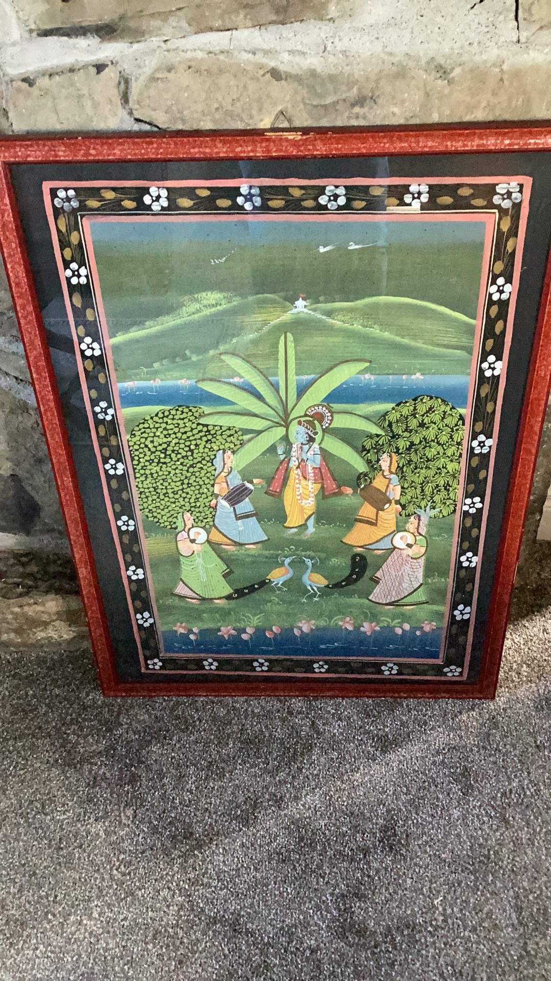 Indian miniature painting titled 'Krishna with Gopis' on silk