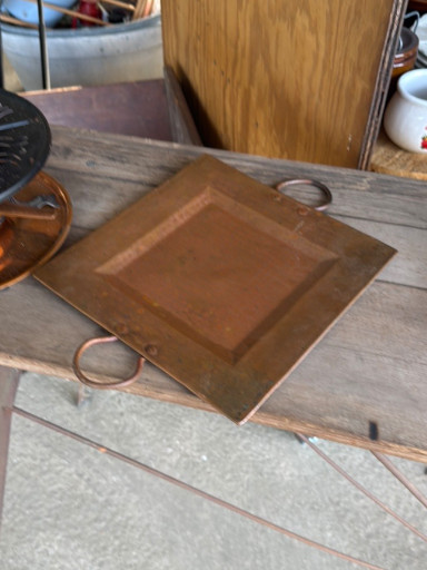 Copper serving tray with brass handles