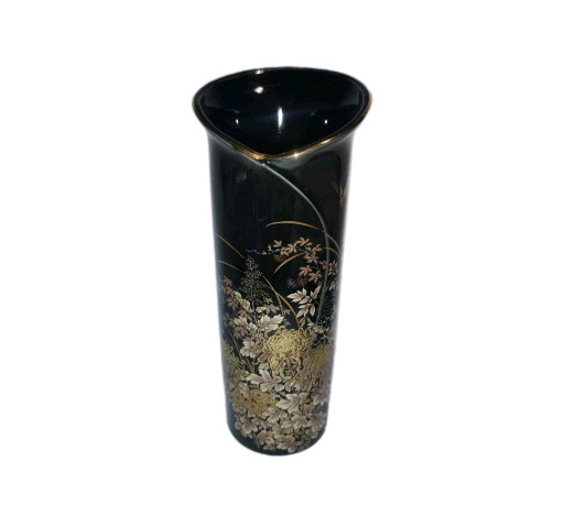 Black ceramic vase with gold chrysanthemum decoration by Toyo Shibata