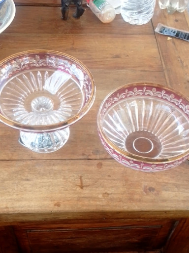 Pressed glass compote and bowl with cranberry-flashed rim and diamond point pattern