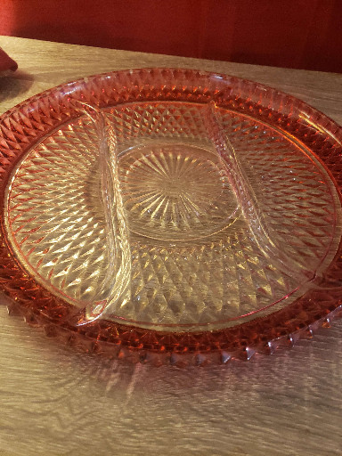 Pressed glass divided relish plate in 'Diamond Point' pattern with ruby flash rim by Indiana Glass Company