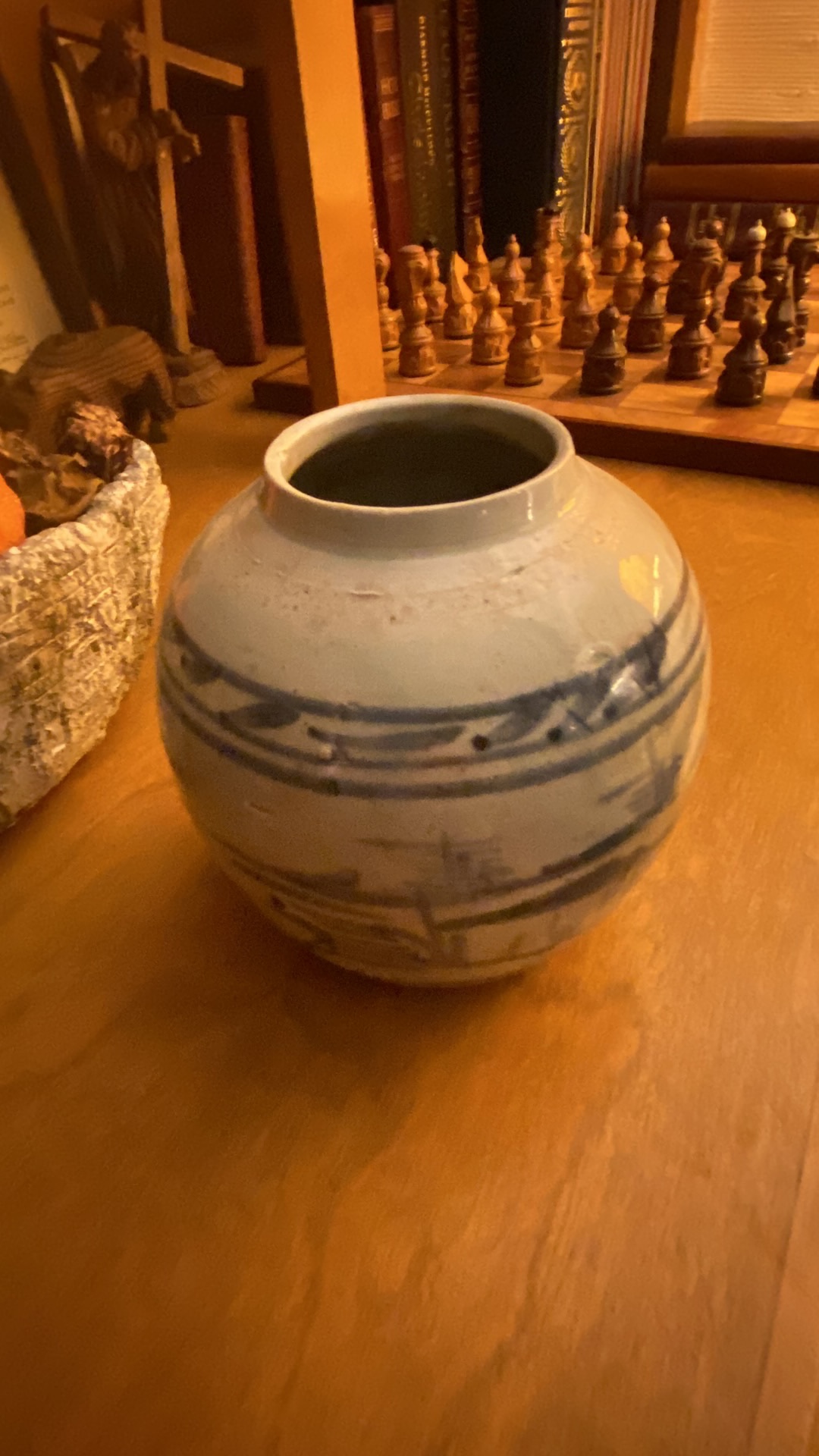 Ceramic blue and white ginger jar with landscape decoration