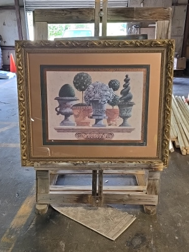 Framed decorative print titled 'Tuscan Topiary Urns' by Janet Kruskamp