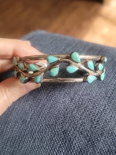 Sterling silver cuff bracelet with turquoise cabochons in floral/branch design, Southwestern Native American style