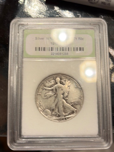 Silver Walking Liberty Half Dollar, 1938-D, graded and encapsulated