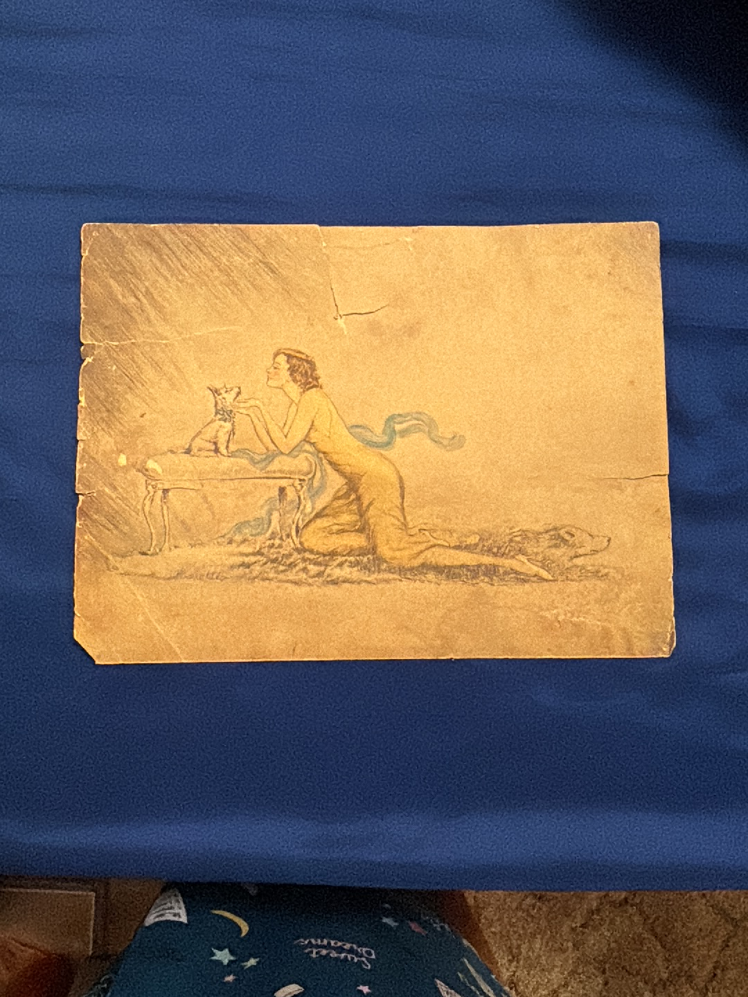 Art Nouveau drawing depicting a figure with a small dog