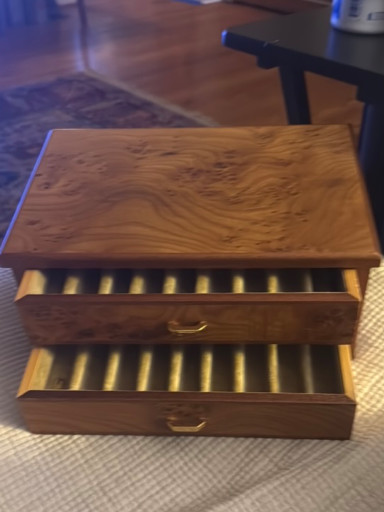 Burl wood cigar humidor or pen display case with two pull-out trays