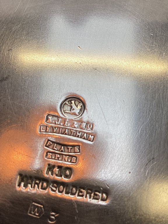 Silver-plated metalware marked 'S.J. Levi & Co., Leviathan Plate, A.P.M.D., K10, Hard Soldered'