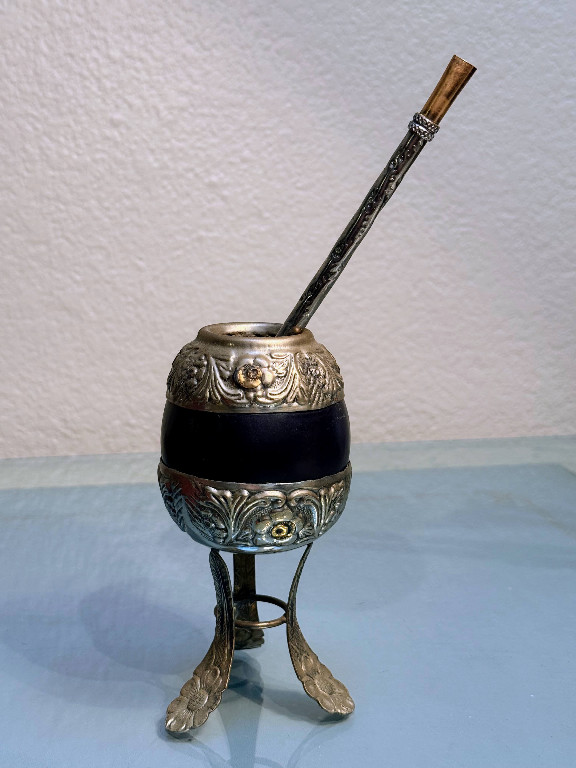 Silver-plated yerba mate gourd with bombilla (drinking straw) from Argentina