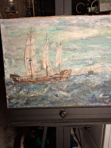 Oil painting depicting sailing ships at sea