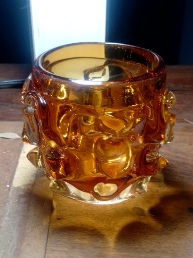 Hand-blown amber glass tumbler with applied spike decoration