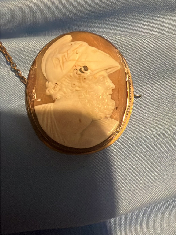 Shell cameo brooch depicting a Roman warrior or classical deity in 14k gold mounting