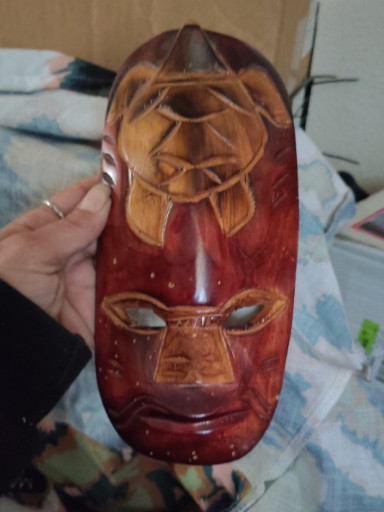 Hand-carved wooden Fijian tiki mask with turtle motif