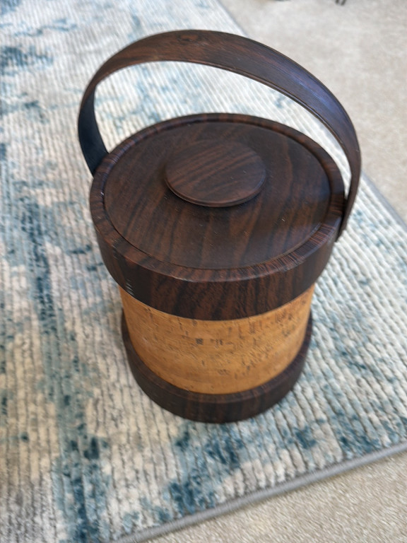 Mid-century modern cork and faux wood ice bucket with handle