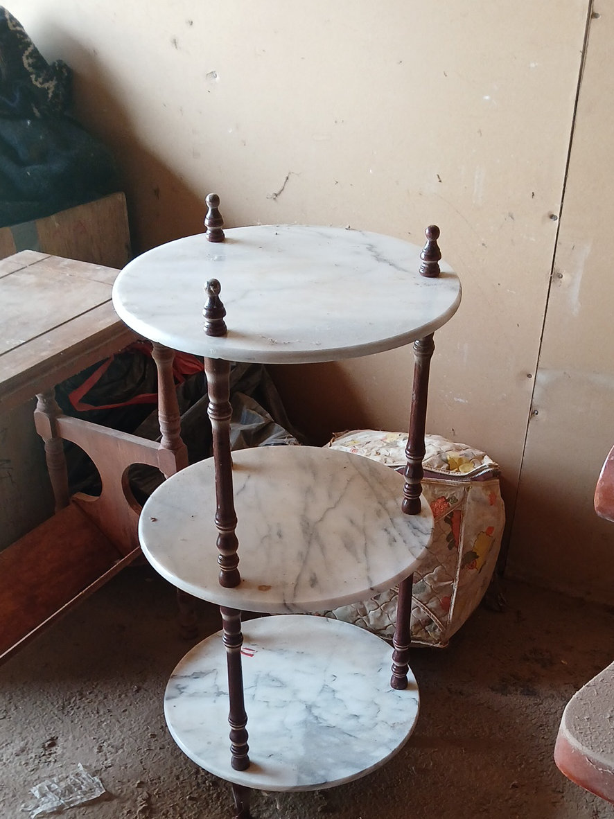 Marble and wood three-tier accent table