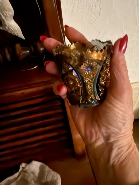 Carnival glass toothpick holder in amethyst purple with hobstar and sawtooth pattern, likely by Imperial Glass Company