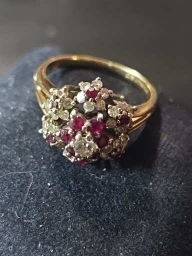 14K yellow gold cluster ring with rubies and diamonds
