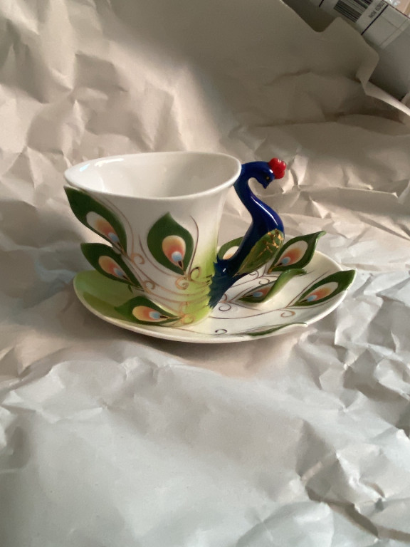 Enamel porcelain coffee cup and saucer set with peacock design