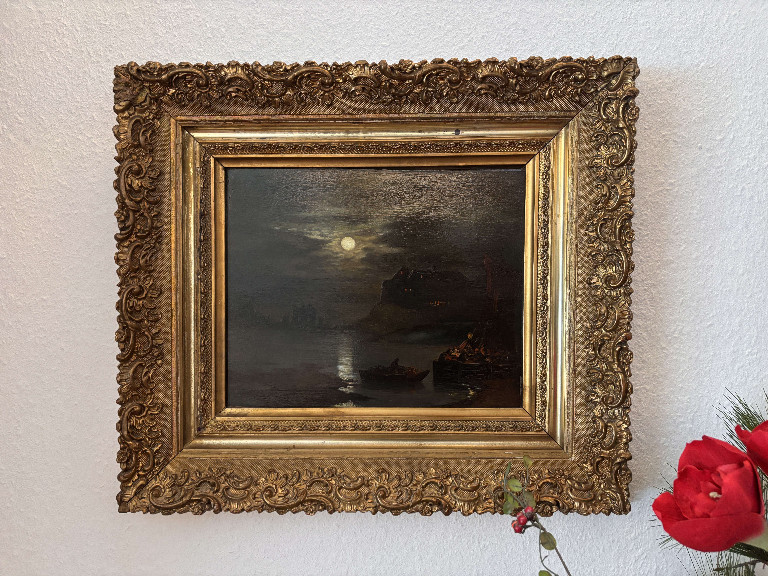 Ölgemälde auf Leinwand, Mondschein über venezianischer Lagune mit Gondel, Stil des 19. Jahrhunderts