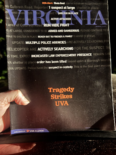 Magazine titled 'Tragedy Strikes UVA' documenting University of Virginia active shooter incident