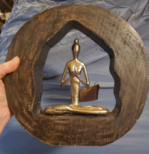 Aluminum and mango wood sculpture titled 'Meditating Yoga Lady' by contemporary artisan