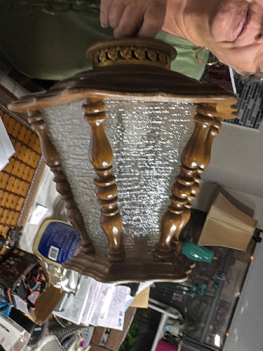 Mid-century wooden and amber glass panel hanging lamp