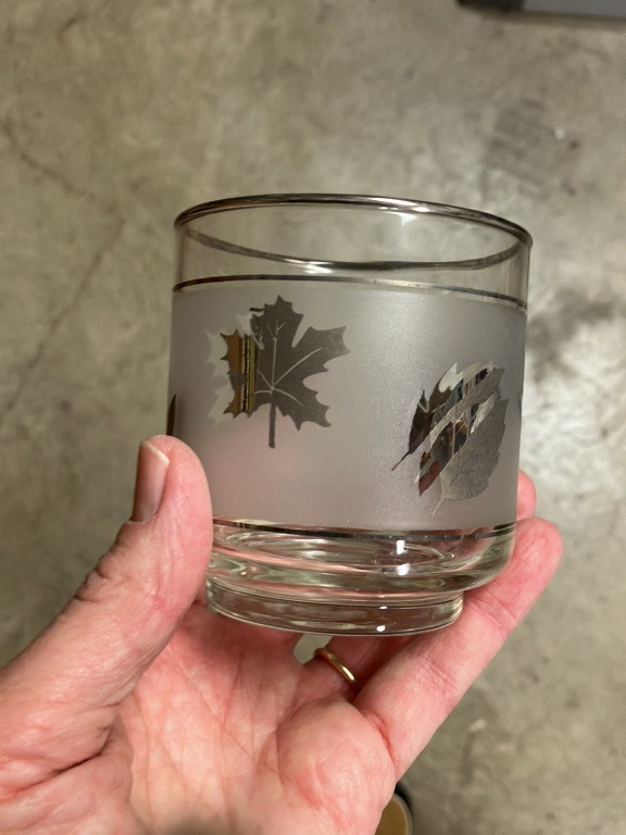 Glass tumbler with silver leaf design by Libbey Glass Company