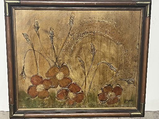 Mixed media relief artwork depicting wildflowers and wheat stalks in an antique wooden frame