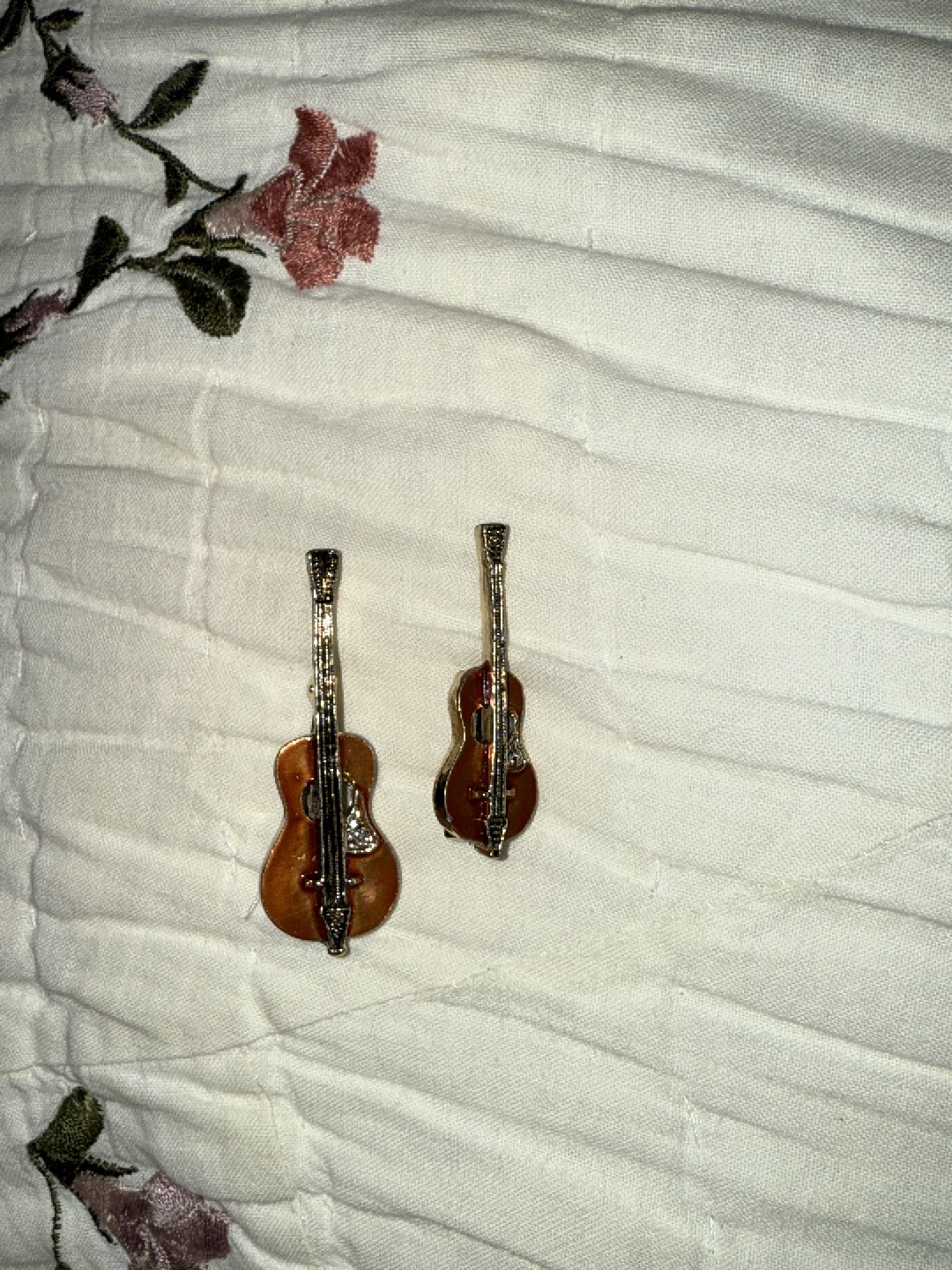 Enamel and gold-tone metal guitar brooches