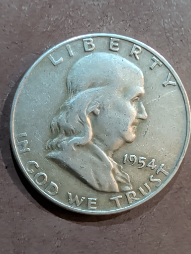 Silver coin, 1954 Franklin Half Dollar, United States Mint