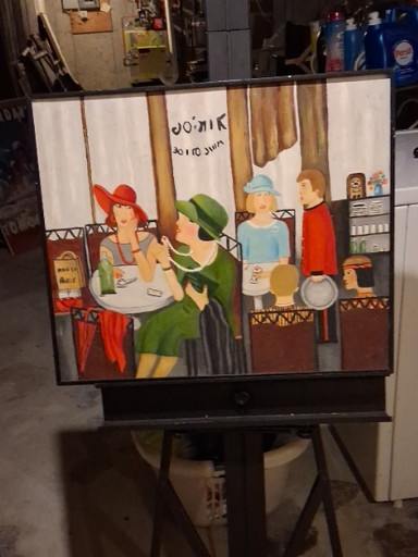 Lithograph print depicting a café or bar scene with figures