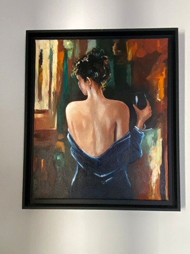 Peinture à l'huile sur toile intitulée 'Femme au verre de vin' par Ataman