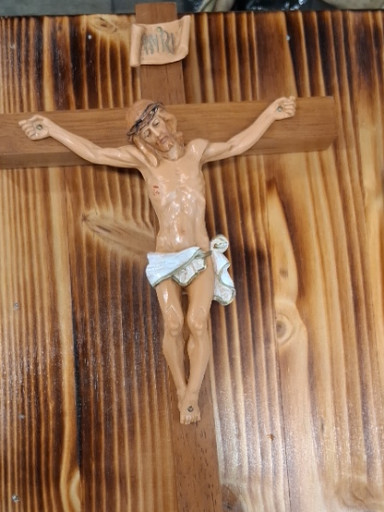 Wooden crucifix with painted resin corpus, made in Italy