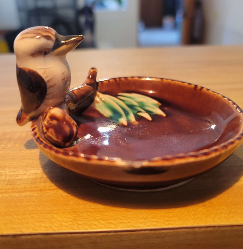 Handmade ceramic trinket dish with kookaburra figurine by Grace Seccombe