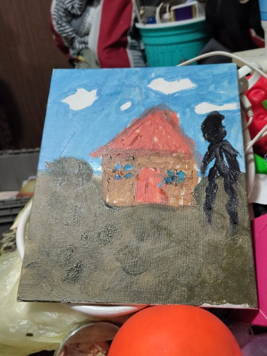 Acrylic painting on canvas depicting a figure standing before a house