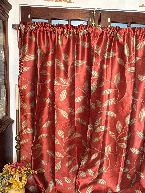 Pair of red polyester curtains with gold leaf pattern
