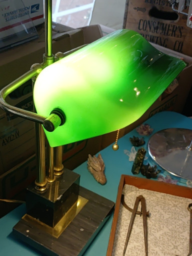 Brass banker's lamp with green glass shade