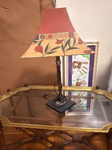 Contemporary table lamp with pagoda shade in floral motif by Janna Ugone & Co