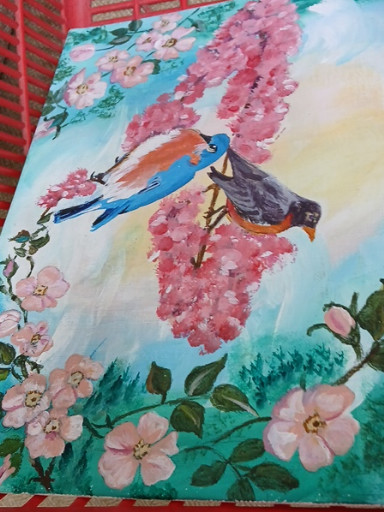 Acrylic painting titled 'Bluebirds with Cherry Blossoms' by contemporary artist