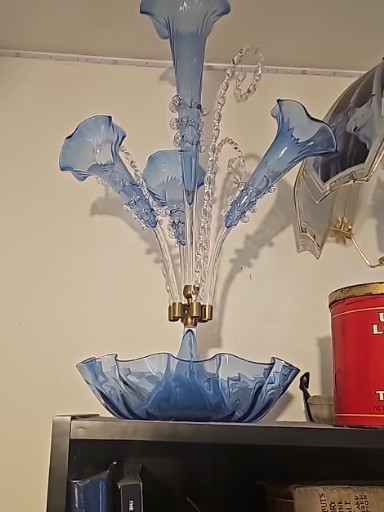 Blue opalescent glass epergne centerpiece with five fluted vases