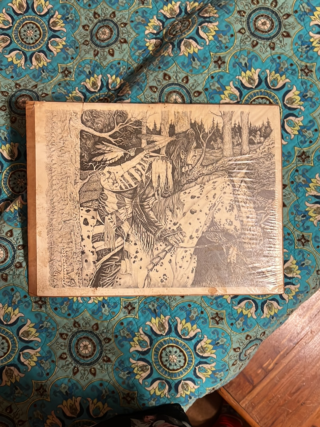Woodcut print titled 'Native American on Horseback' by Rob McClellan