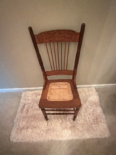 Oak pressed-back side chair with cane seat