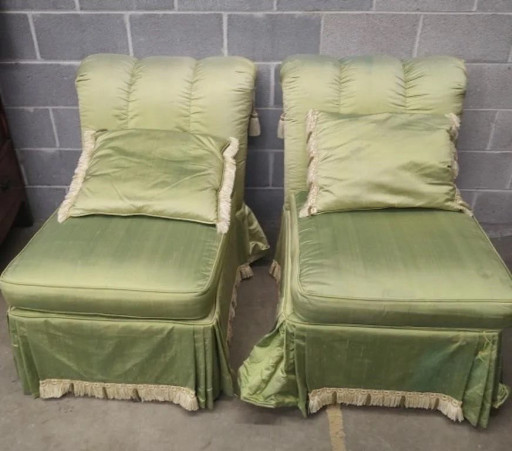 Pair of Napoleon III-style slipper chairs with original sage green upholstery and provenance from Vanderbilt University
